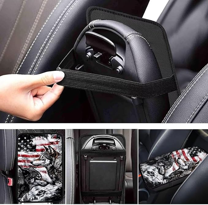 American Flag Wolf Car Armrest Cover Protector Dustproof Auto Center Console Cover Pad Universal Cars Armrest Seat Box Covers Cushion USA Flag Wolf Car Accessories Decor