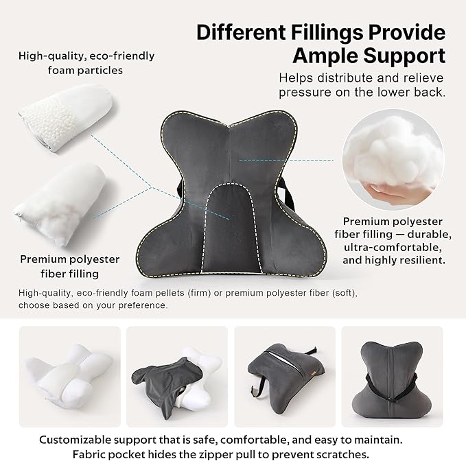 Lumbar Support Pillow (Pat. Pend) for Office Chair, Couch, Recliner & Car Seat, Ergonomic Back Support for Lower Back Comfort, with Adjustable Strap to Stay in Place, Steel Gray