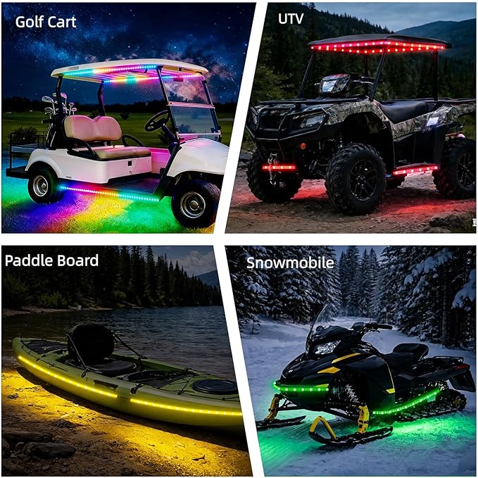 Battery Powered Golf Cart Canopy Lights, 2 Pack 6FT IP68 Fully Waterproof Golf Cart Roof Light Strip with Remote, Golf Carts Underglow RGB Led Strip Lights for EZGO Yamaha Marine Boat Kayak SUP UTV