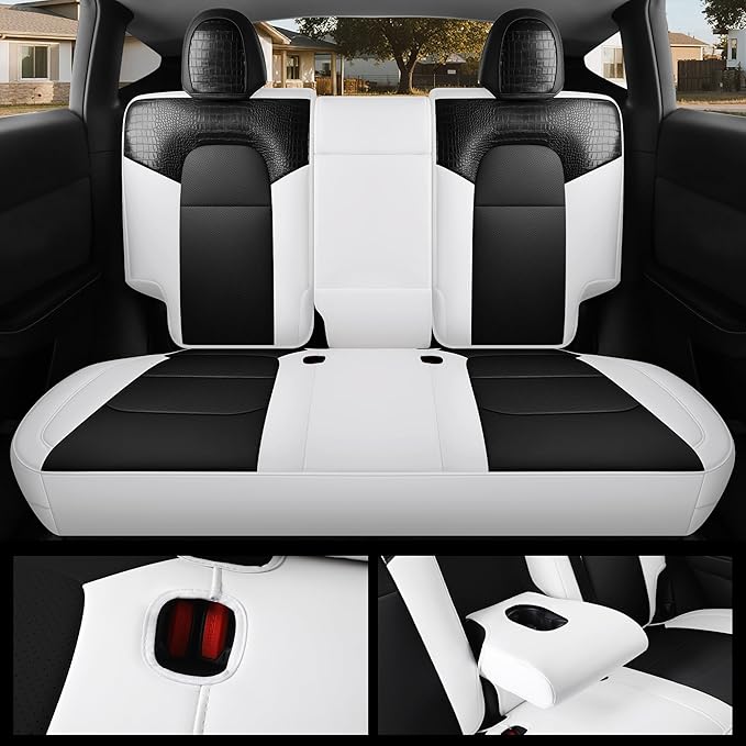 for Tesla Model Y Seat Cover Customized Fit 2020 2021 2022 2023 2024 Black Crocodile Leather and Nappa Leather Splicing Seat Cover Full Set (Crocodile Black)