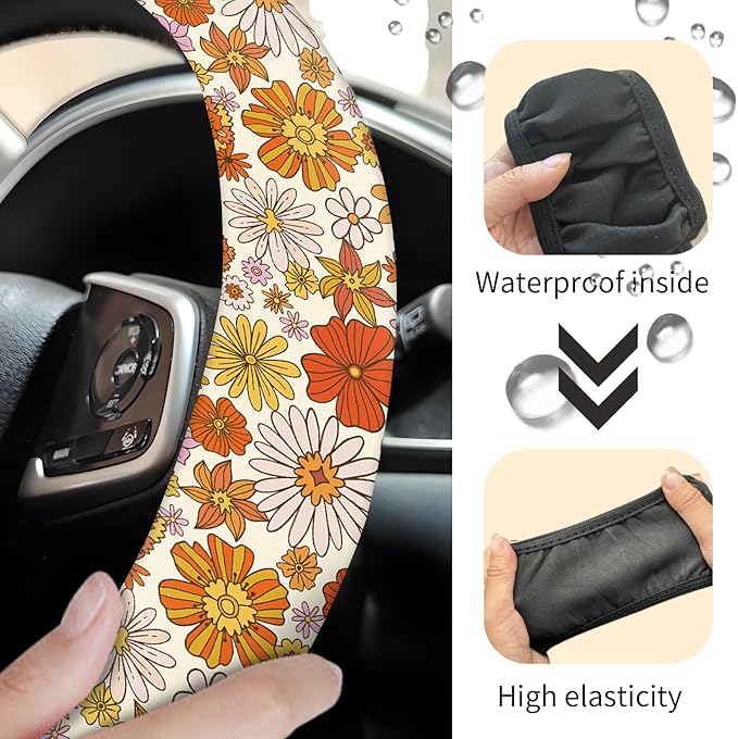 Car Steering Wheel Cover, Universal 15 Inch Neoprene Non-Slip Steering Wheel Covers, Funny Car Accessories for Women Men Fit Auto, Suvs, Truck Cute Boho Colorful Flowers