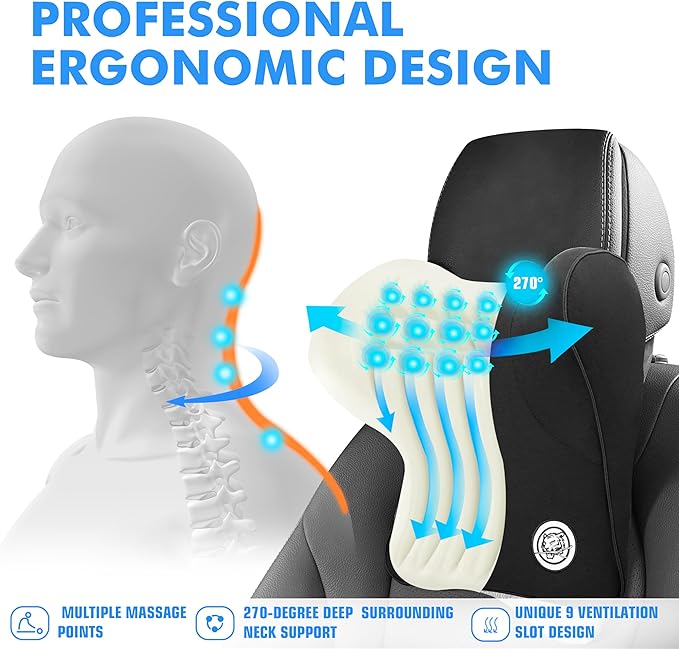 Car Neck Pillow for Driving Seat Car Headrest Pillow with Flexible Strap, 100% Memory Foam Neck Support Pillow for Car, Office Chair Black Pack of 2