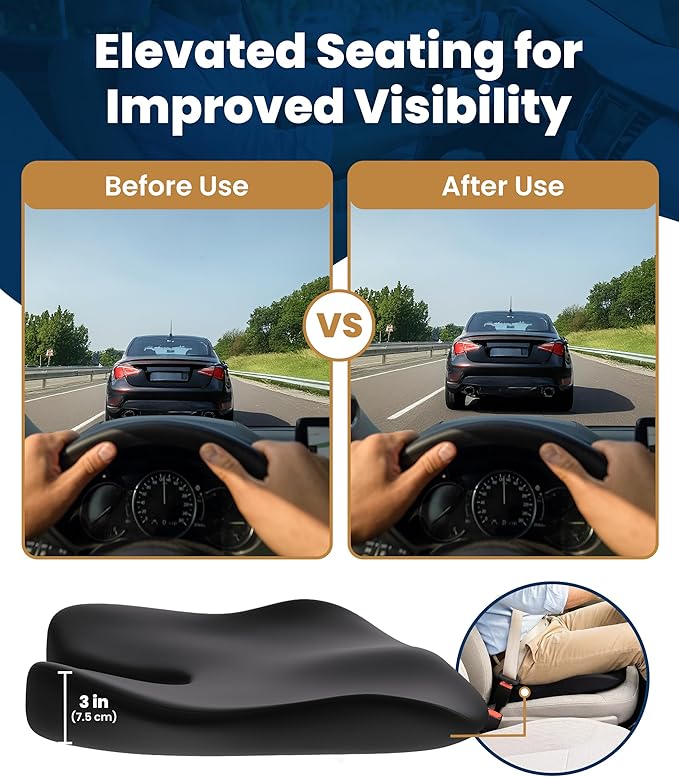 Everlasting Comfort Car Seat Cushion for Driving - Orthopedic Car Cushion for Office, Travel, Gaming Chair Memory Foam Driver Booster for Short People, Non-Slip, Washable Cover, Back & Sciatica Relief