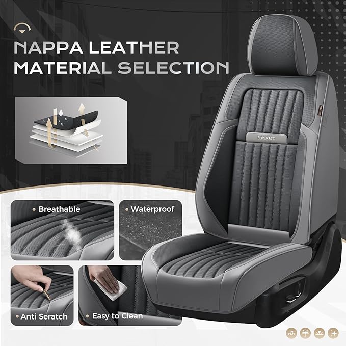 Coverado Car Seat Covers Full Set, Seat Covers for Cars, Car Seat Cover, Car Seat Protector, Leather Car Seat Cushion, Waterproof Car Seat Covers Front Seats and Back Fit for Most Cars(Gray&Black)