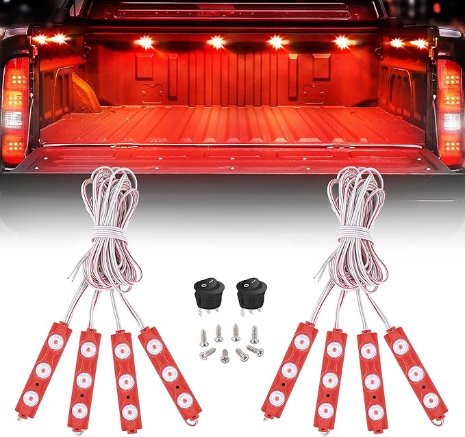 Nilight 8PCS Truck Pickup Bed Light 24LED Red Cargo Rock Lighting Kits with Switch for Van Off-Road Under Car Side Marker Foot Wells Rail