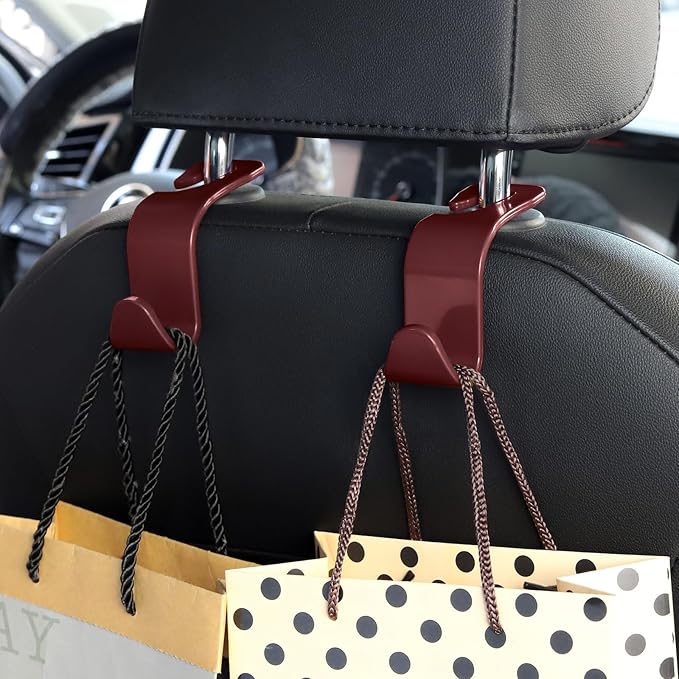 Soleebee 4 Pack Car Headrest Hooks - Universal Auto Hooks, Back Seat Hangers, Storage Organizer (Brown)
