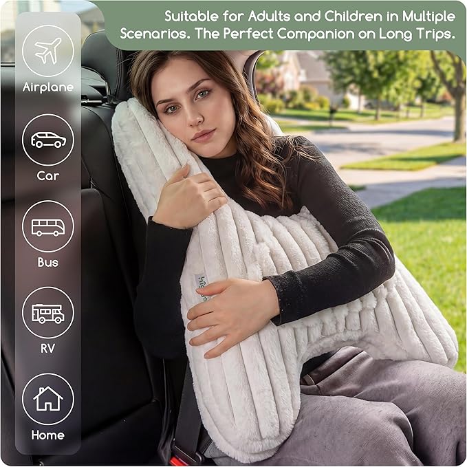 HIGOGOGO Washable Travel Pillow, Car Pillow for Kids & Adults, Upgraded Travel Pillows with Removable Soft Cover and High-Support Foam, Fix Neck and Body Sitting/Sleeping on The Trip, Beige