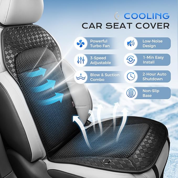 Coverado Cooling Car Seat Cushion, 12V-24V Ventilated Seat Pad with 8 Turbo Fans, 3-Speed Adjustable Dual Blowing & Suction Cooling Cushion, Universal Fit for Car SUV Truck Van All Vehicles, Black