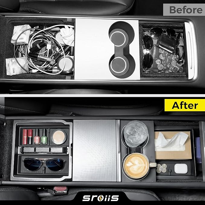 Sroiis® Gen 2 Double-Layer Center Console Organizer Set for Tesla Model Y Juniper Accessories (2025 2026) True 2-Tier Storage System [ Upper Tray + Hidden Lower Compartment ] - 3PCS Jet Black