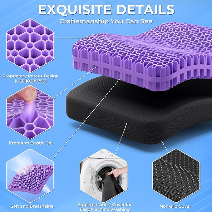 TushGuard Gel Seat Cushion for Long Sitting, Enlarged & Thickened Patent Design, Breathable Cooling for Office Chair, Soft Car Seat Cushion for Wheelchair (2.2" Thick, Black)