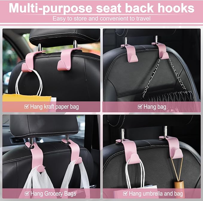 LivTee Car Seat Headrest Hook, Auto Seat Hook Hangers Storage Organizer Interior Accessories for Purse Coats Umbrellas Grocery Bags Handbag, 4-Pack - Pink