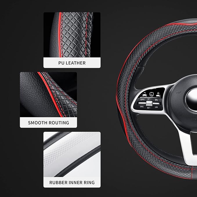 GXT Steering Wheel Cover, PU Leather, Universal 15 Inches, Non-Slip, Odourless Car Interior (Black Red)