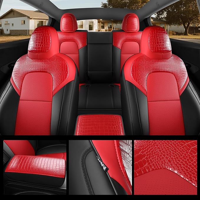 for Tesla Model Y Seat Cover 2020 2021 2022 2023 2024 (5-Seater Only) Customized Fit Car Seat Cover Interior Protectors (Crocodile Skin Red+Black)