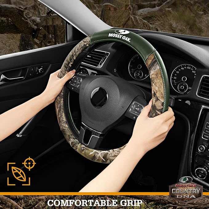 Mossy Oak Camo Steering Wheel Cover, Durable Grip Car Steering Cover, Universal Fit 14.5"–15.5" - Made with Premium Green PVC Leather and Cotton Fabric, Anti-Slip - Official Licensed Product