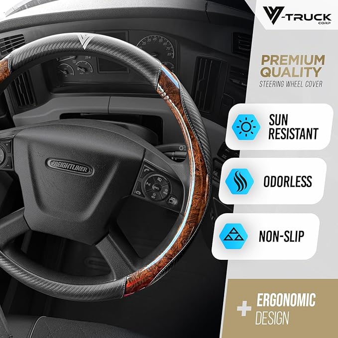 18-Inch Genuine Leather Steering Wheel Cover for Semi Trucks – Wood Grain & Carbon Fiber Design, Anti-Slip Grip, Cold-Resistant, Universal Fit for Heavy-Duty 18″ Wheels