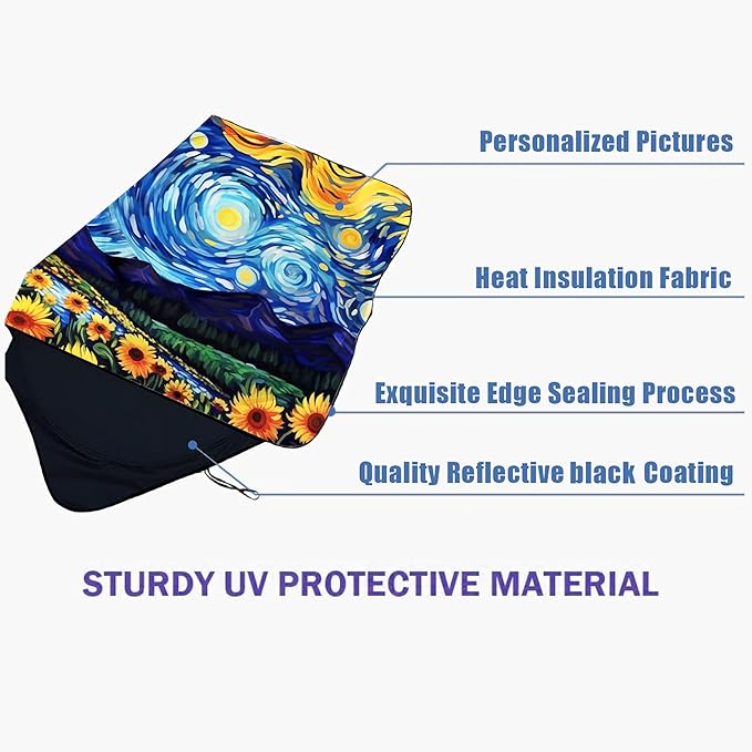 Starry Night Sunflowers Car Windshield Sun Shade Foldable Sunshade Front Window Cover Sun Visor Protector Accessories (59x27.5 inches)