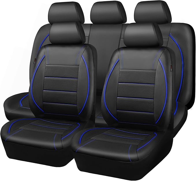 CAR PASS Universal FIT Piping Leather Car Seat Cover, for suvs,Van,Trucks,Airbag Compatible,Inside Zipper Design and Reserved Opening Holes (Full Set, Black and Blue)