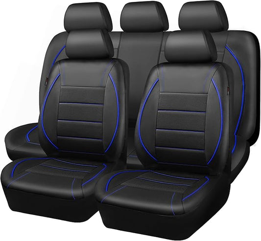 CAR PASS Universal FIT Piping Leather Car Seat Cover, for suvs,Van,Trucks,Airbag Compatible,Inside Zipper Design and Reserved Opening Holes (Full Set, Black and Blue)