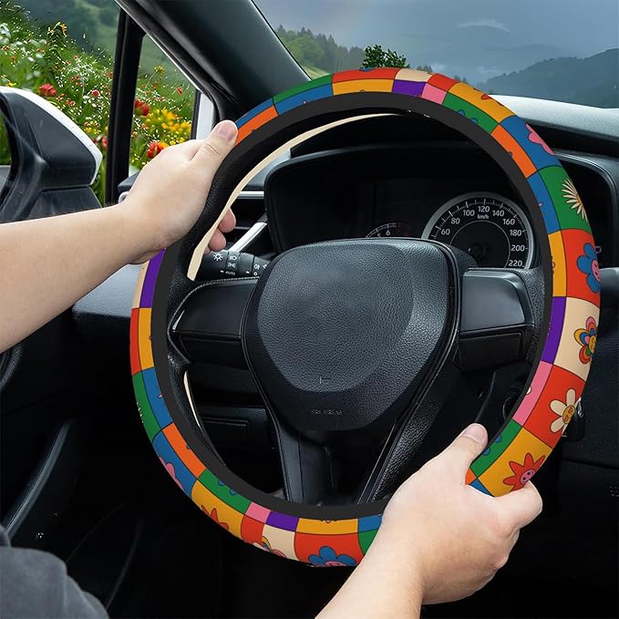 Abstract Groovy Flowers Steering Wheel Covers Universal 15 Inch Car Wheel Cover,Anti-Slip Breathable Car Accessories Protector Fit for Trucks,Sedans,SUVs,Vans
