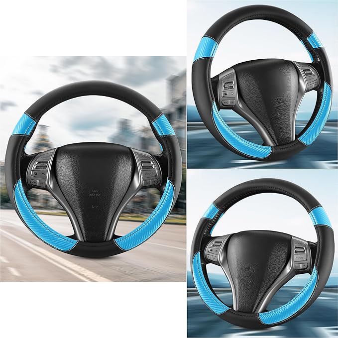 Non-Slip Car Nappa Leather Steering Wheel Cover,Universal Car Accessories Women Men Fit 14" 1/2-15" Suvs/Vans/Sedans/Cars/Trucks,Light Blue