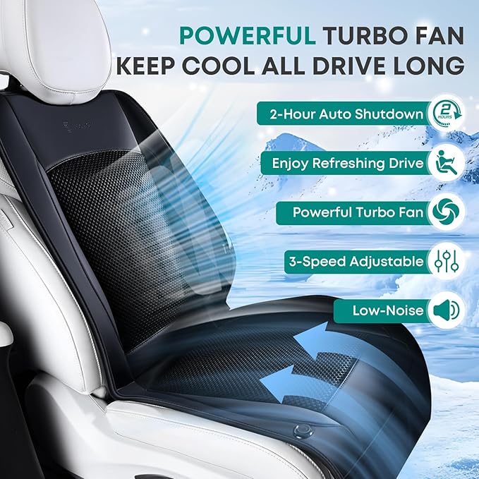 FLORICH Cooling Car Seat Cover, 12V/24V Car Seat Cooling Pad, Ventilated Seat Cushion with 2 Powerful Turbo Fans, 3-Speed Adjustable Cooling Car Seat Covers for Summer Driving Universal Fit for Car