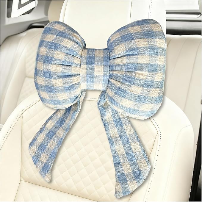 Sun Walker Bow Car Headrest Pillow, Breathable Bow-Shaped Vehicle Neck Pillow with Adjustable Strap, Ergonomic Neck Support Cushion Driving Seat Decoration for Women Girls (Blue & White)
