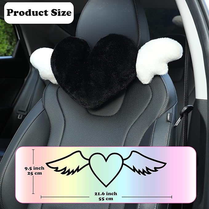 2 Pack Heart Shaped Cute Car Headrest Pillow with Angel Wings - Comfortable Soft Head Rest Cushion Kawaii Car Accessories Neck Pillow for Driving Travelling Office Home Decor - Black Love Heart