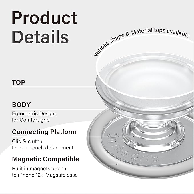 On The Grip Compatible with Magsafe Ultra-Thin Collapsible Phone Grip – Sleek Magnetic Phone Holder for iPhone & Android, 360 Rotation, Wireless Charger Compatible, Durable & Portable (Black)
