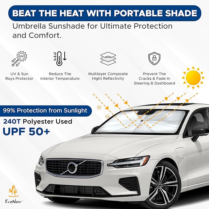 EcoNour Car Windshield Sun Shade | Foldable Car Umbrella Sun Shade | Windshield Cover Sunshade Blocks UV Rays | Sun Visor Protector | Automotive Interior Sun Protection Accessories (Medium 53" x 30")