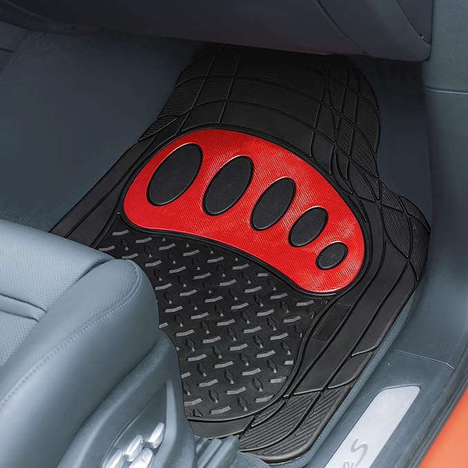 FH Group Automotive Floor Mats - Heavy-Duty Footprint Design Rubber Floor Mats for Cars, Universal Fit Full Set, Climaproof Floor Mats, Trimmable Floor Mats for Most Sedan, SUV, Truck Floor Mats Red