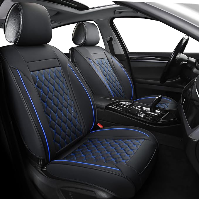 Leather Car Seat Covers Full Set,Universal Fit for Most Cars,SUV,Sedans and Pick-up Trucks,Automotive Vehicle Faux Leather Cushion Covers for 5 Passenger Cars(Full Set,Black/Blue)