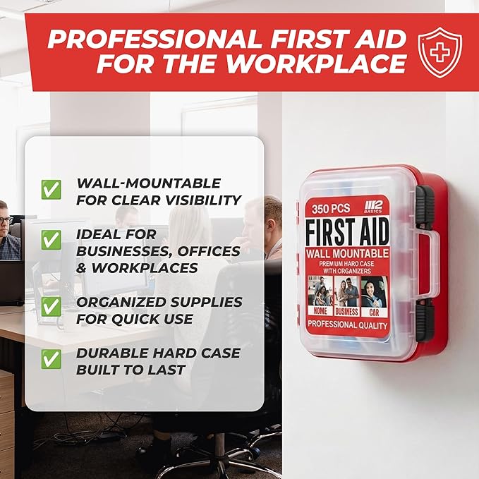M2 BASICS 350 Piece First Aid Kit, Wall Mount Hard Case with Dual Layer Compartments for Workplace, Office, Warehouse, Home, Car