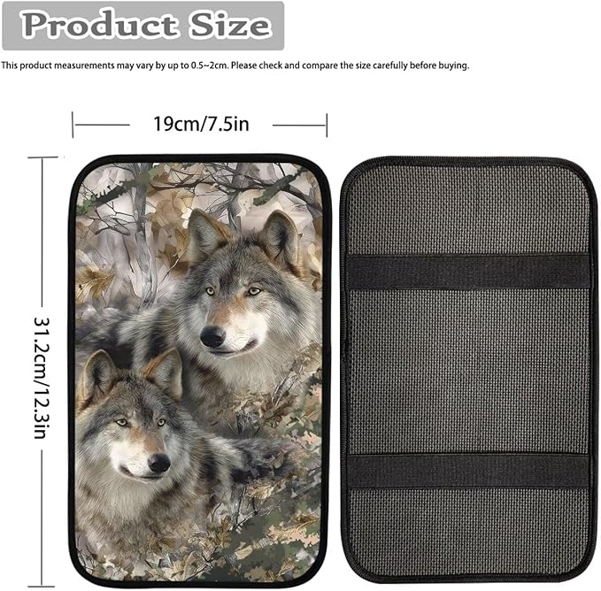 Wolf Print Car Center Console Armrest Cover Camo Hunting Print Armrest Box Cover Center Console Pad Neoprene Car Decor Accessories for Women Men, Easy to Install
