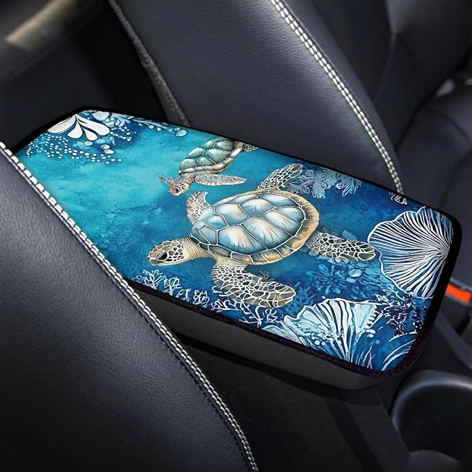 Suobstales Turtle Coral Print Car Armrest Pad Soft Center Console Arm Rest Protector Cover Universal Car Interior Accessories Decoration