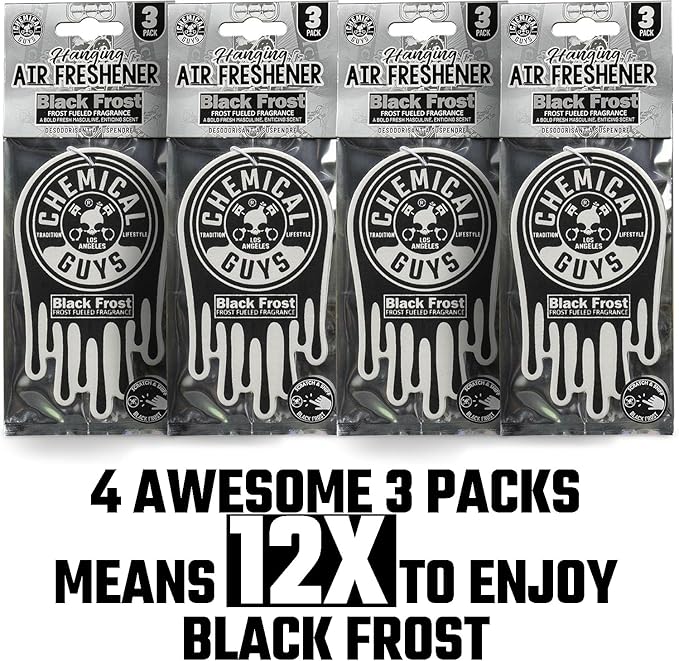 Chemical Guys Car Fresheners, Hanging Air Freshener, Black Frost Scent 12 Pack, Great for Cars, Trucks, SUVs, RVs, Home, Garage, Workspace, Dorm Room & More (4 x 3 Packs)