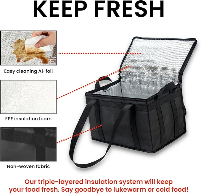NZ home Insulated Bags for Food Delivery (Large) Grocery Shopping Cooler Bag, Pizza Delivery, Hot & Cold Catering Tote, Reusable, Foldable & Heavy Duty (Black)