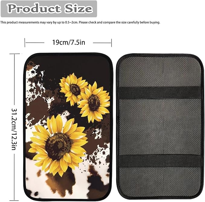 Dreaweet Sunflower Brown Cow Print Center Console Cover Cute Car Accessories for Women Car Armrest Cover Cushion Soft Comfy Car Arm Rest Cover Pad Universal for Most Vehicles