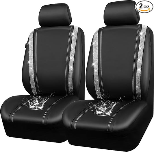 CAR PASS Leather Bling Diamond Car Seat Cover 2 Front Interior Sets, Waterproof Universal Shining Glitter Crystal Sparkle Fit for 95% Automotive Truck SUV Cute Women Girl, Black Silver Rhinestone