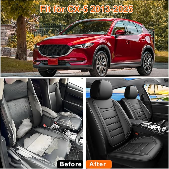 CX-5 Car Seat Covers Custom Fit for Mazda CX-5 2013-2025 2026, Full Coverage Leather Waterproof Breathable Seat Covers, Automotive Seat Protectors, Airbag Compatible(2 Front Seats, Black)