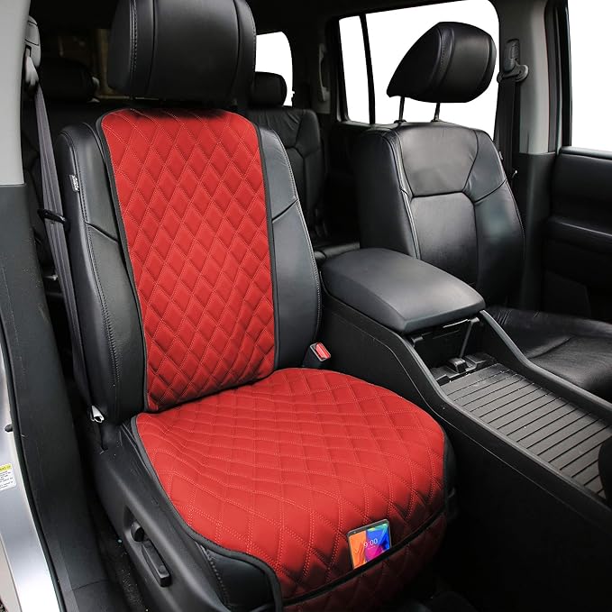 FH Group Car Seat Cushion – Faux Leather Single Front Seat Cover with Front Pockets, Airbag Compatible, Universal Fit Car Seat Cushion for Driver or Passenger Seat, SUV, Truck, Sedan & Van – Red