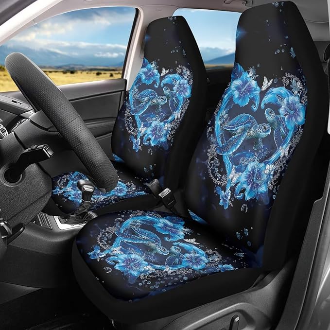 BIGCARJOB Turtle Couple Car Seat Covers Set Universal Car Interior Seat Rugs 2 Pcs Auto Front Seat Protector Set for Men Women Car Accessories Set