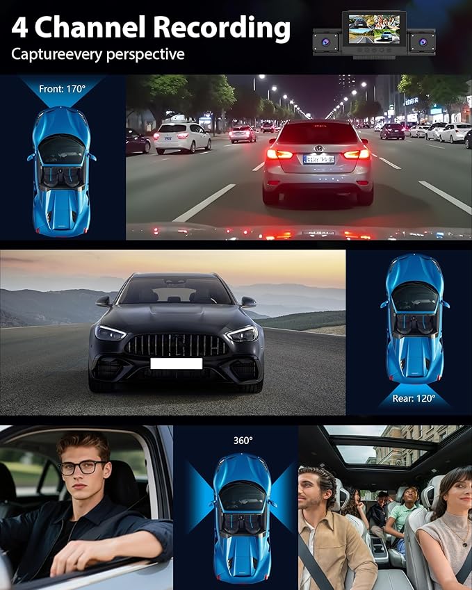 4 Channel Dash Cam 360 View for All-Round Protection, 4-Way Front Rear Inside Recording, Built-in 5G WiFi & GPS, APP Control, 8 IR Night Vision, 24H Parking Monitor, G-Sensor, Free TF Card