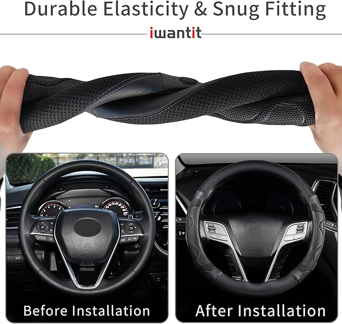 Iwantit® Car Steering Wheel Covers with 3D Silicone Honeycomb for Men,Anti-Slip Design and Breathable Fabric,Universal Fit 14.5-15 Inches (Full Black)