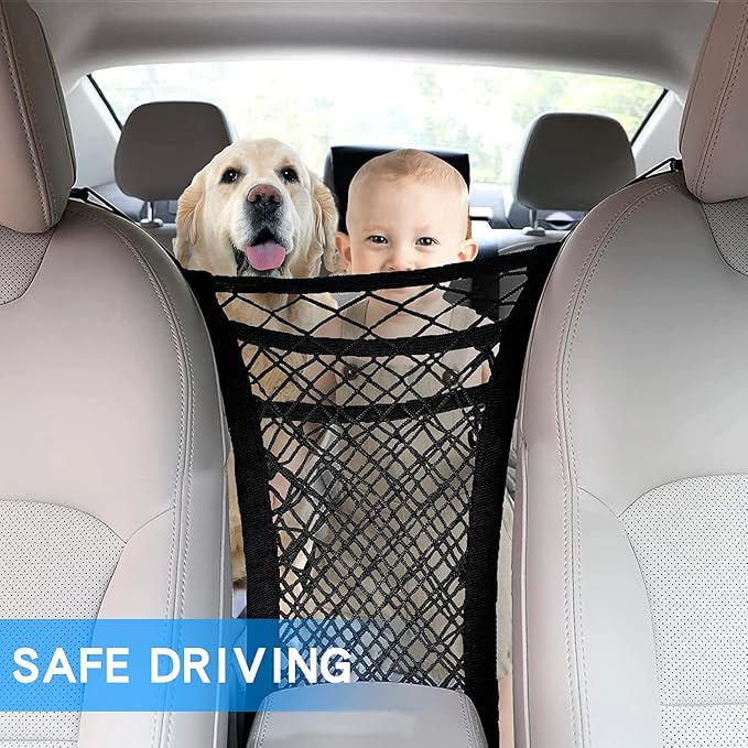 3-Layer Car Seat Back Net Organizer, Car Mesh Bag, Barrier of Backseat Pet Kids Cargo Tissue Purse Holder Storage Netting Pouch Dog Trunk Net Barrier Seat Back Net Bag