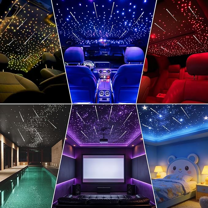 6W Mini Size RGBW Twinkle+White Meteor+Music Sync APP Fiber Optic Lights Kit, Shooting Star Fibers+600pcs 0.03in 9.8ft/3m Fibers APP Fiber Optic Star Light for Home/Car Headliner Starlight