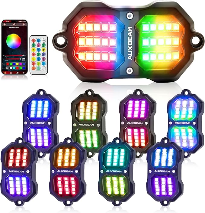Auxbeam 8 Pods RGB LED Rock Lights with Brake Mode Wheel Well Lights w/Bluetooth APP+Remote Control Music Voice Sync Waterproof Dynamic Color Changing Underglow Kit for Trucks ATV Car 1 Year Warranty