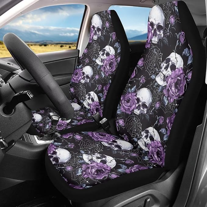 Skull Rose Car Seat Covers for Front Seat Breathable Car Seat Cover Protection Interior Accessories Easy to Install and Clean Universal for Cars Truck SUV Van