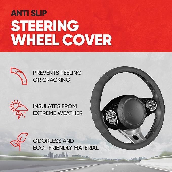Motor Trend Soft Touch Leather Gray Steering Wheel Cover with Grooves, Advanced Traction Universal Fit for Standard Sizes 14.5 15 15.5 inches