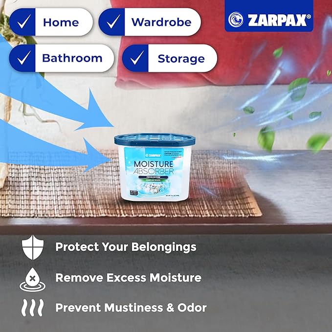 ZARPAX Moisture Absorber Fresh Cotton 10.5 oz/300g | Removes Moisture, Damp & Humidity | Odor Absorber With Fresh Cotton Fragrance | Moisture Trap for Bathroom, Closet, Kitchen | Set of 4