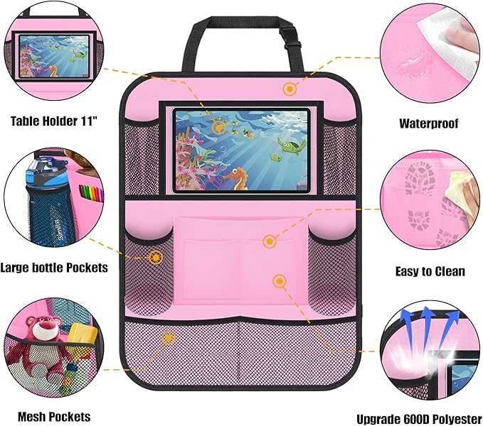 ULEEKA Car Backseat Organizer with 11" Table Holder, 10 Storage Pockets Seat Back Protectors Kick Mats for Kids Toddlers, Travel Accessories, 2 Pack, Pink